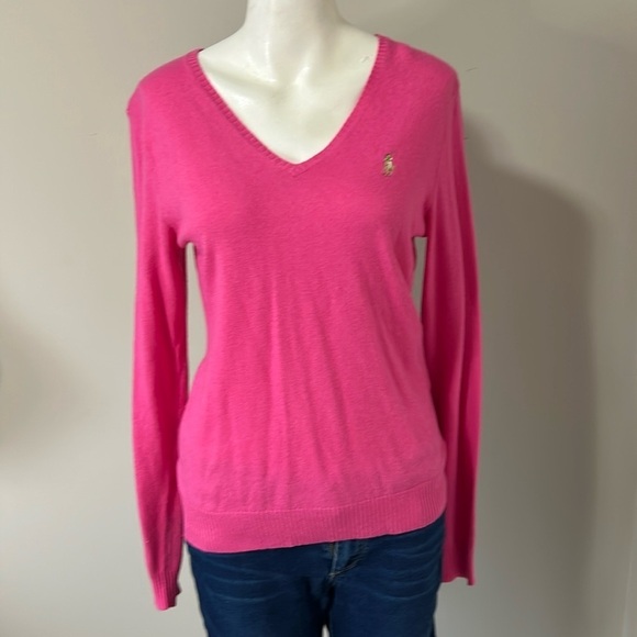 Ralph Lauren Sport Italian Yarn Pink Vneck Sweater Merino Wool Logo Sz L - Picture 1 of 9